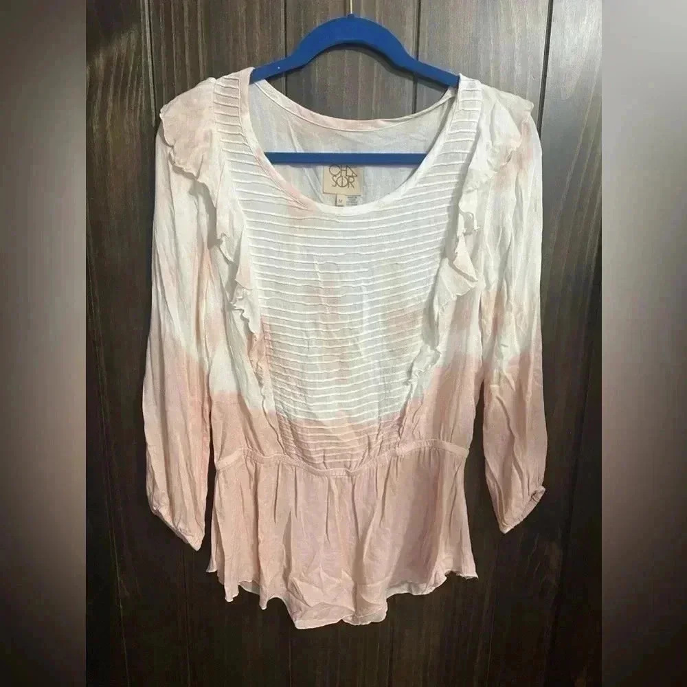 Chaser Shirt Womens-Medium Ruffle Pintuck Peplum Pink Cottagecore Prairie-core